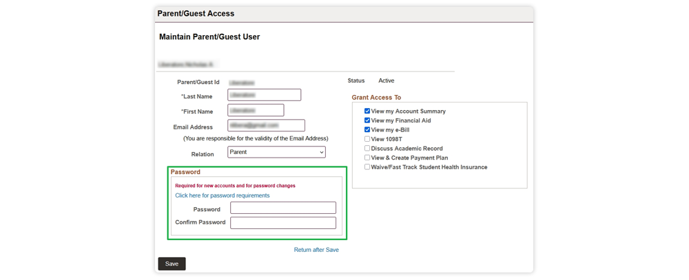 A screenshot from LOCUS with the section for Parent-Guest Access displaying the location to change and update the password.